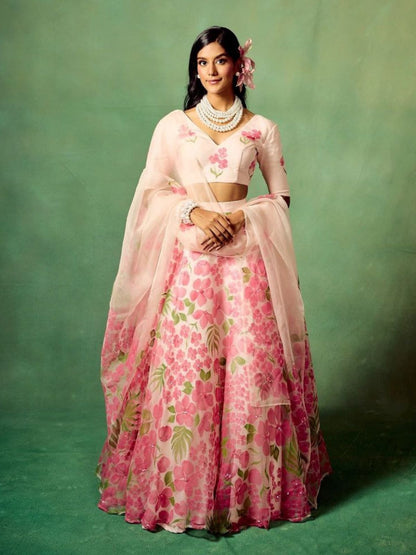 Rajwada Pink Silk Blend Floral Print Semi Stitched Lehenga For Women