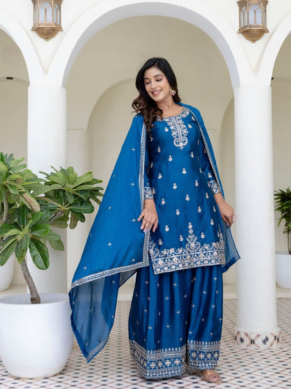 Rajwada Blue Chiffon Embroidered Stitched Kurta Set For Women
