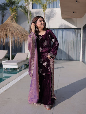 Rajwada Wine Velvet Embellished Kurta Set For Women