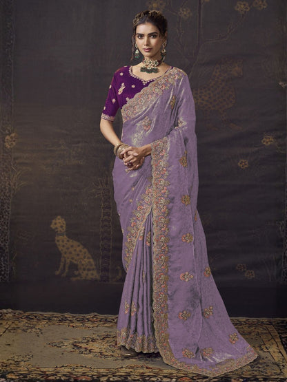 Rajwada Lavender Satin Embroidered Saree For Women