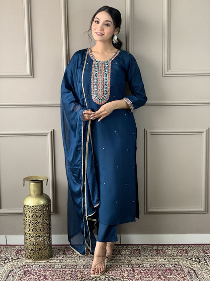 Rajwada Dark Blue Viscose Embroidered Stitched Kurta Set For Women