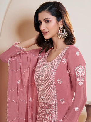 Rajwada Peach Chinon Embroidered Semi-Stitched Kurta Set For Women