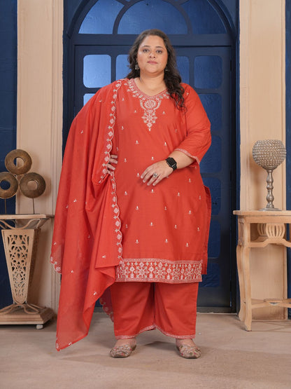 Rajwada Red Cotton Blend Embroidered Kurta Set For Women