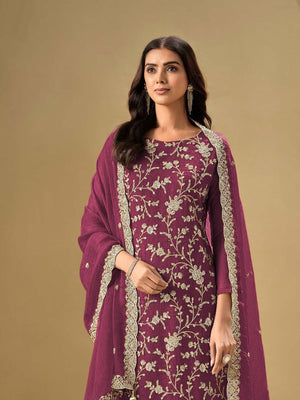 Rajwada Wine Chinon Embroidered Semi-Stitched Kurta Set For Women