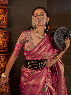 Rajwada Pink Silk Blend Woven Saree With Unstitched Blouse For  Women