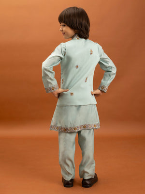 Rajwada Sky Blue Viscose Silk Embroidered Stitched Kurta Set For Kids