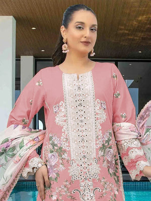 Rajwada Pink Cotton Blend Embroidered Semi Stitched Kurta Set For Women