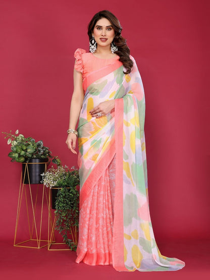 Rajwada Peach Silk Blend Printed Saree For Women