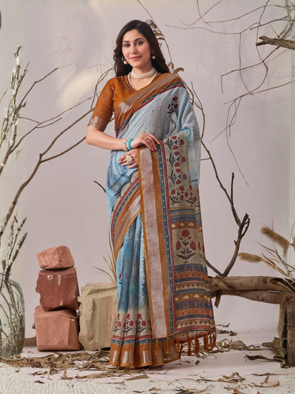 Rajwada Multicolor Linen Cotton Printed Saree For Women