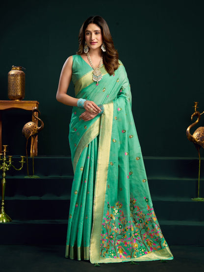 Rajwada Turquoise green Cotton Blend Printed Saree For Women