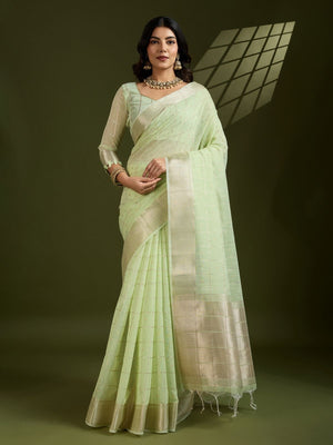 Rajwada Pista Green Silk Blend Woven Checked Saree For Women