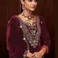 Rajwada Maroon Velvet Embroidered Semi-Stitched Kurta Set For Women