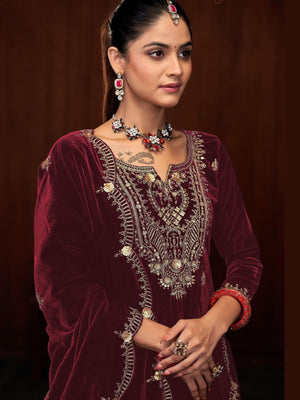 Rajwada Maroon Velvet Embroidered Semi-Stitched Kurta Set For Women