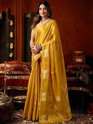 Rajwada Mustard Yellow Silk Blend Solid Saree For Women