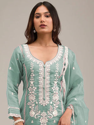 Rajwada Sky Blue Cotton Blend Embroidered Semi-Stitched Kurta Set For Women