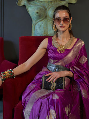 Rajwada Purple Silk Blend Woven Saree With Unstitched Blouse for Women