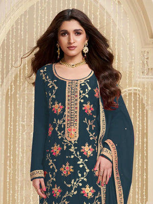 Rajwada Teal Viscose Embroidered Semi-Stitched Kurta Set For Women