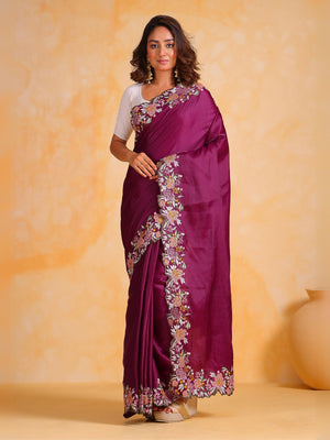 Rajwada Wine Silk Blend Embroidered Saree With Unstitched Blouse For Women