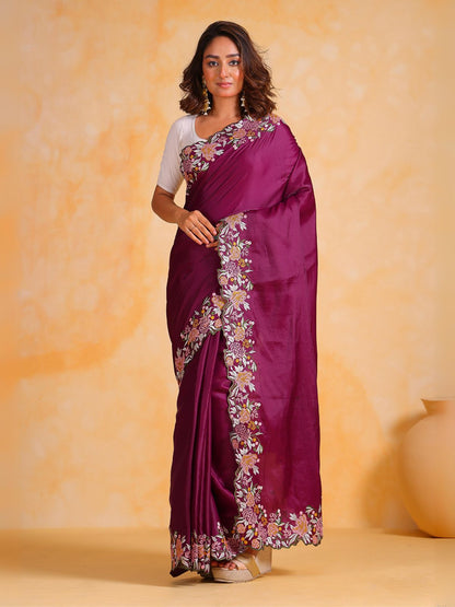 Rajwada Wine Silk Blend Embroidered Saree With Unstitched Blouse For Women