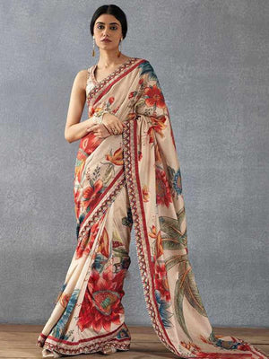 Rajwada Multi Georgette Floral Printed Saree With Unstitched Blouse For Women