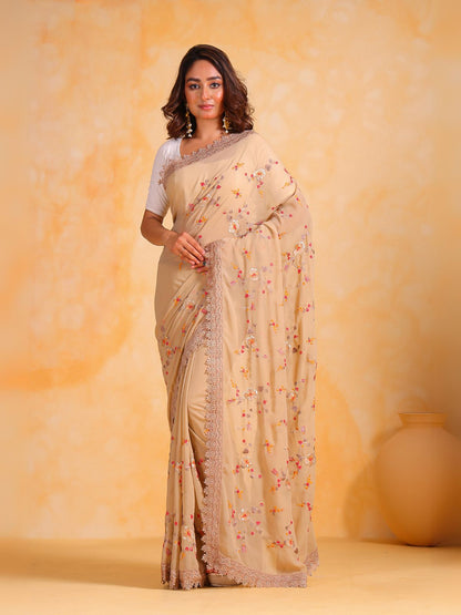 Rajwada Beige Georgette Embroidered Saree With Unstitched Blouse For Women