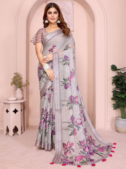 Rajwada Pastel Grey Cotton Linen Solid Printed Saree For Women