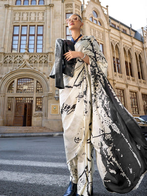 Rajwada White Satin Printed Saree With Unstitched Blouse For Women