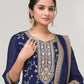 Rajwada Navy Blue Silk Blend Embroidered Semi-Stitched Kurta Set For Women