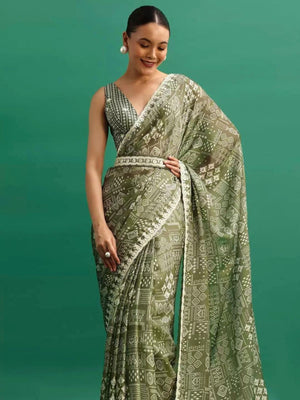 Rajwada Green Chinon Digital Print Saree For Women