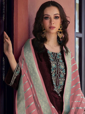 Rajwada Maroon Velvet Embroidery Semi-Stitched Kurta Set For Women