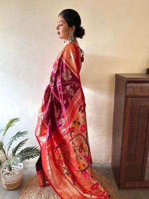 Rajwada Deep Wine Silk Blend Woven Saree For Women