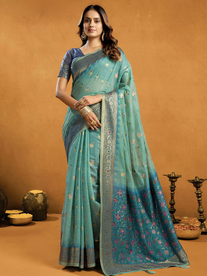 Rajwada Aqua Blue Cotton Blend Solid Saree For Women