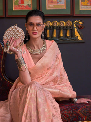 Rajwada Peach Silk Blend Woven Saree With Unstitched Blouse For  Women