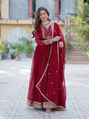Rajwada Maroon Georgette Embroidered Stitched Gown With Dupatta For Women