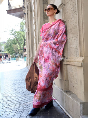 Rajwada Peach Satin Printed Saree With Unstitched Blouse For Women