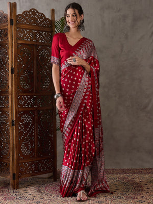 Rajwada Red Silk Blend Printed Elegant Saree For Women