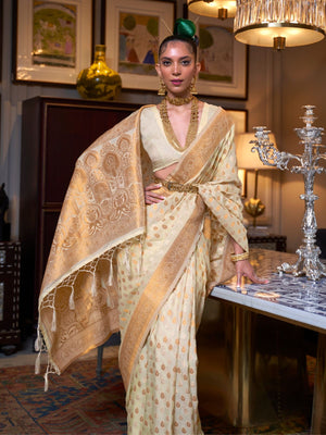 Rajwada Off White Silk Blend Woven Saree With Unstitched Blouse for Women