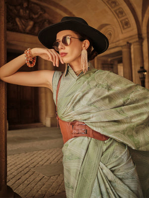 Rajwada Green Silk Blend Woven Saree With Unstitched Blouse For Women