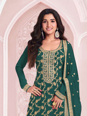 Rajwada Teal Cotton Blend Embroidered Semi-Stitched Kurta Set For Women