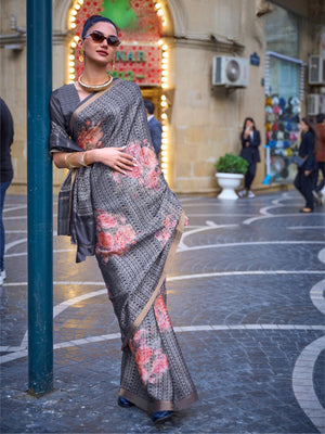 Rajwada Grey Poly Viscose Printed Saree With Unstitched Blouse For Women