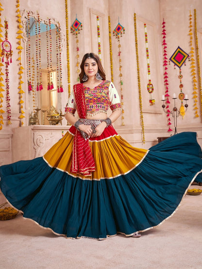 Rajwada Multicolor Cotton Blend Solid With Golden Border Semi-Stitched Lehenga For Women