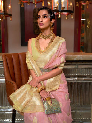 Rajwada Pink  Linen Woven Saree With Unstitched Blouse for Women
