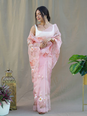 Rajwada Pink Organza Printed Saree With Unstitched Blouse For Women