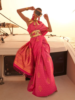 Rajwada Pink Satin Woven Saree With Unstitched Blouse for Women