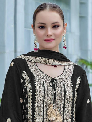 Rajwada Black Chinon Embroidered Semi-Stitched Kurta Set For Women