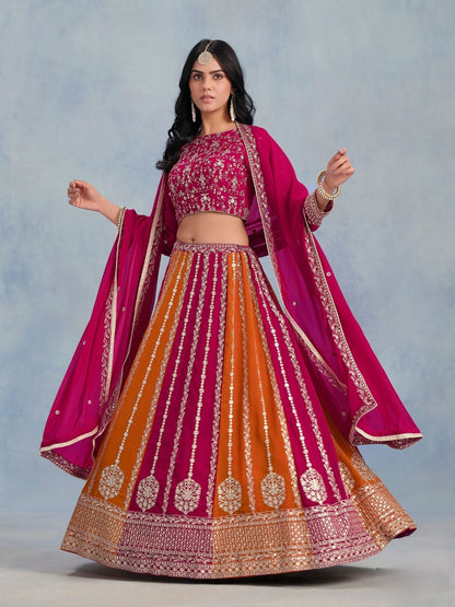 Rajwada Pink And Orange Georgette Embroidered Semi-Stitched lehenga For Women