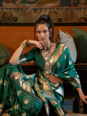 Rajwada Green Silk Blend Woven Saree With Unstitched Blouse for Women