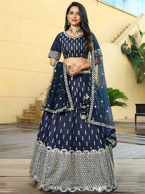 Rajwada Navy Blue Dola Silk Embellished Semi-Stitched Lehenga For Women