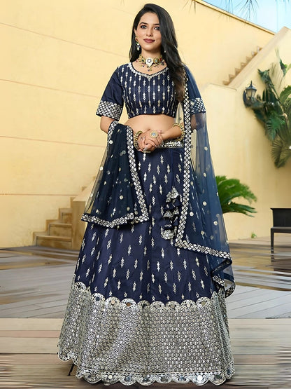 Rajwada Navy Blue Dola Silk Embellished Semi-Stitched Lehenga For Women