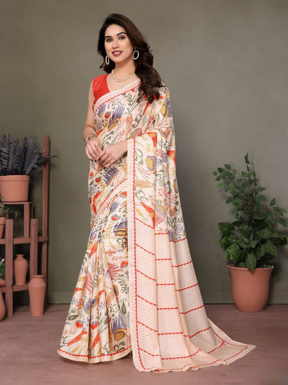 Rajwada Off White Khadi Printed Saree With Unstitched Blouse For Women